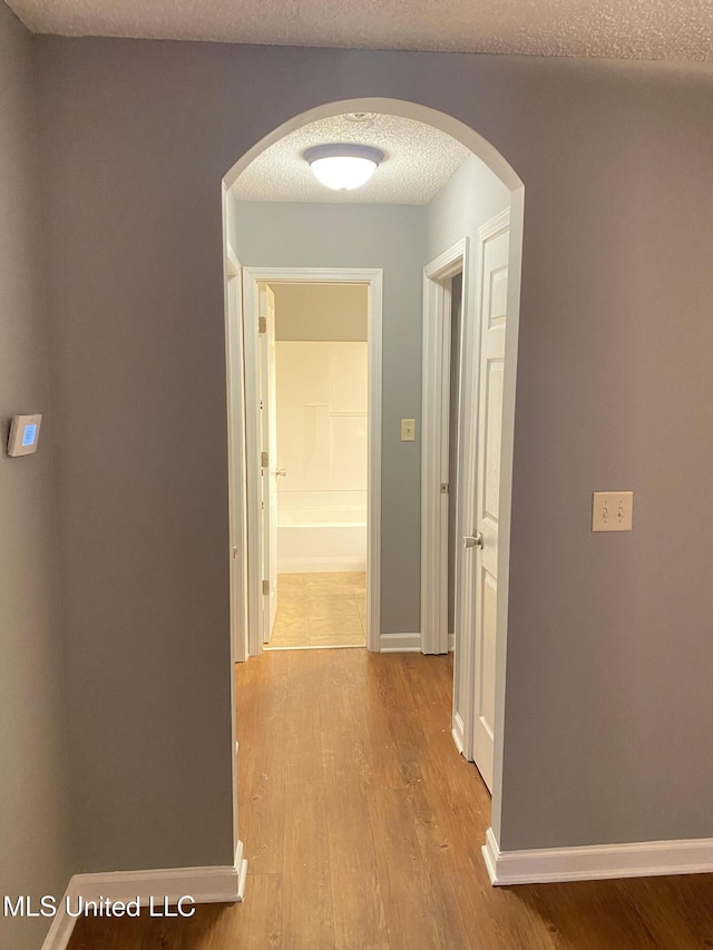 hallway featuring light hardwood / wood-style floors and a textured ceiling