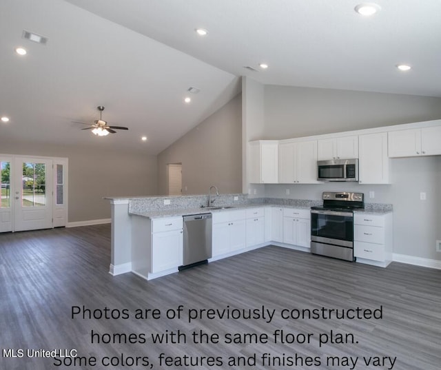 kitchen featuring appliances with stainless steel finishes, white cabinets, sink, and dark wood-type flooring