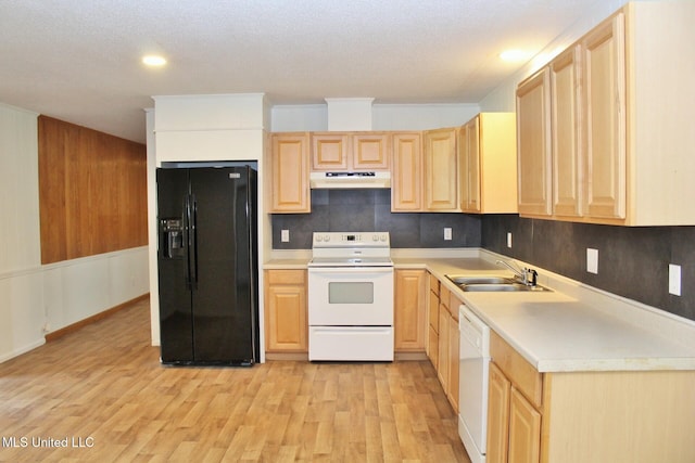 kitchen featuring a sink, light wood-style floors, light brown cabinets, under cabinet range hood, and white appliances