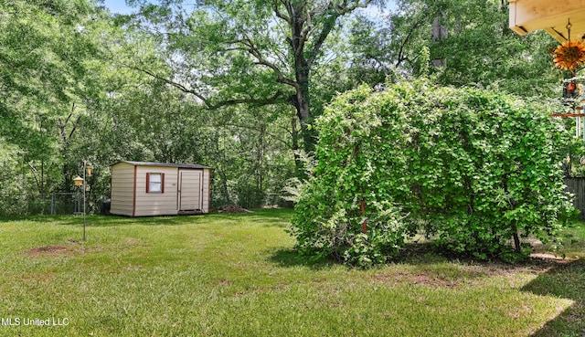 view of yard featuring an outdoor structure, a storage unit, and fence