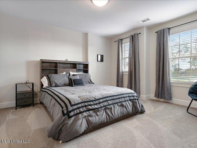 bedroom with multiple windows and light colored carpet