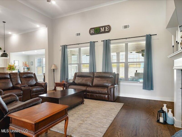 living room with dark hardwood / wood-style flooring, a towering ceiling, and crown molding