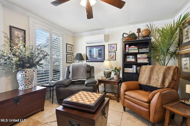 6131 Jenness Rd, Pearlington, MS 39572 - sitting room featuring an AC wall unit, light tile patterned floors, ceiling fan, and ornamental molding