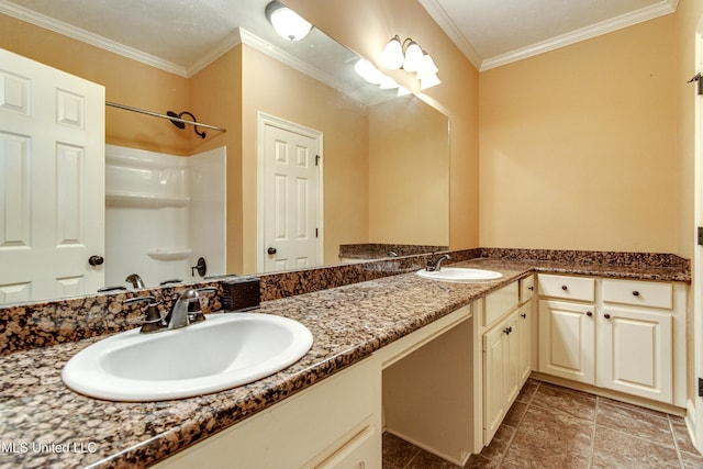 bathroom with a shower, crown molding, and vanity