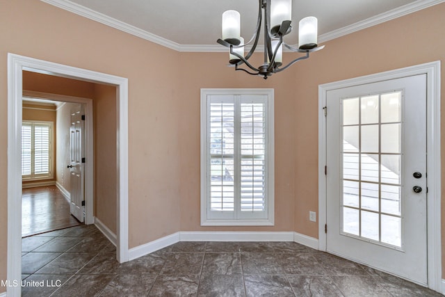 doorway with ornamental molding and a chandelier