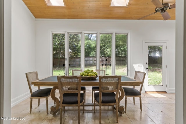 13 Highland Meadows Dr, Jackson, MS 39211 - dining room featuring a skylight, crown molding, plenty of natural light, wood ceiling, and a ceiling fan