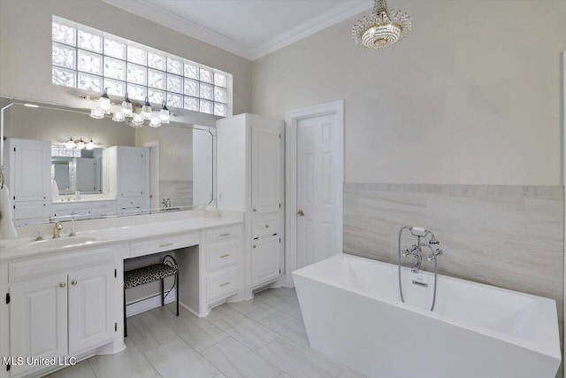 full bathroom with vanity, crown molding, a soaking tub, and tile walls