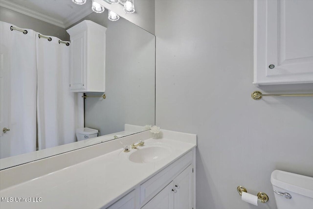 full bath featuring vanity, toilet, and ornamental molding