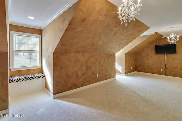 additional living space featuring baseboards, carpet, lofted ceiling, and a chandelier