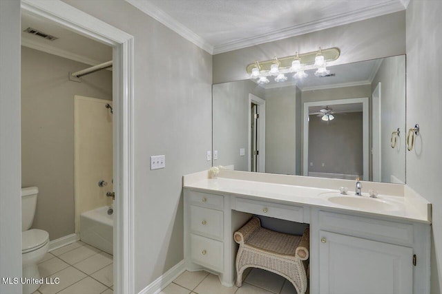 full bath featuring tile patterned floors, toilet, visible vents, and ornamental molding