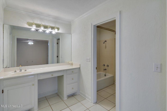 bathroom with vanity, a textured wall, tile patterned flooring, and ornamental molding