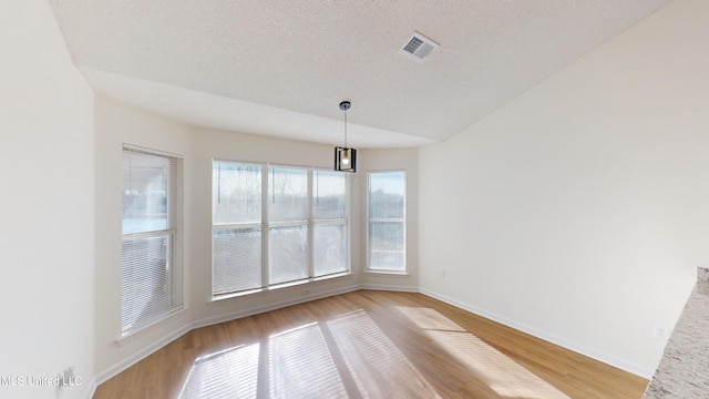 unfurnished dining area with a textured ceiling and light hardwood / wood-style flooring