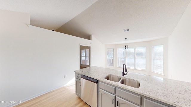 kitchen featuring a healthy amount of sunlight, sink, hanging light fixtures, and dishwasher