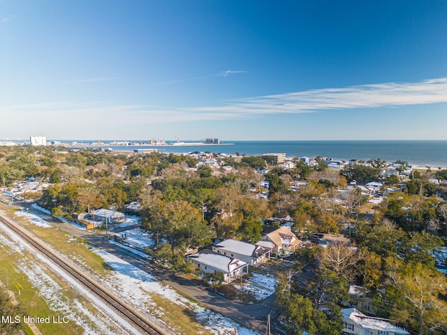 bird's eye view featuring a beach view and a water view