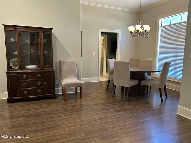 153 Bradfield Rd, Gluckstadt, MS 39110 - dining area featuring a chandelier, baseboards, crown molding, and dark wood-style flooring