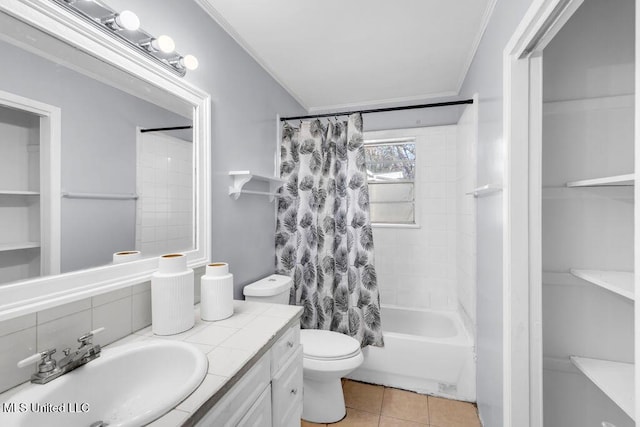 bathroom featuring shower / bathtub combination with curtain, toilet, ornamental molding, vanity, and tile patterned flooring