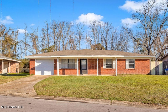 single story home with a front yard, concrete driveway, and brick siding