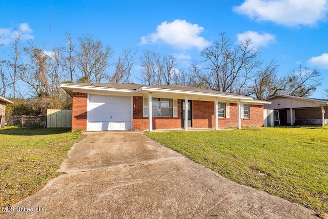 ranch-style house featuring an attached garage, brick siding, fence, concrete driveway, and a front yard