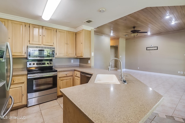 kitchen featuring sink, wooden ceiling, kitchen peninsula, light brown cabinetry, and appliances with stainless steel finishes