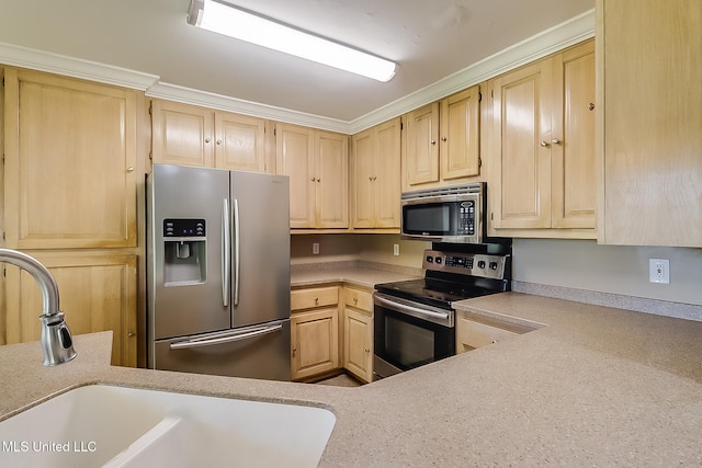 kitchen with sink, crown molding, stainless steel appliances, and light brown cabinetry