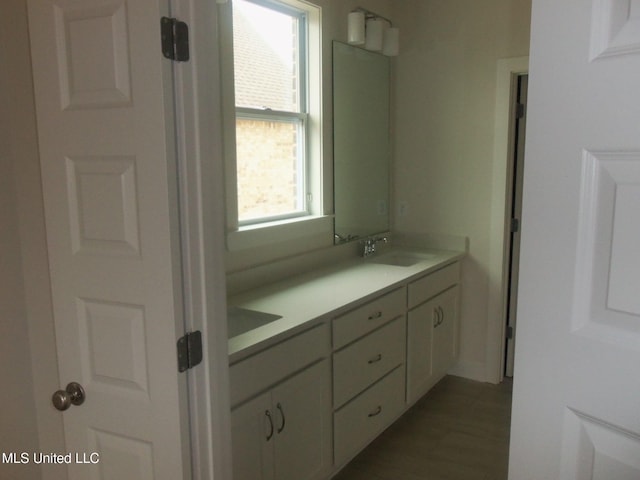 bathroom featuring vanity and hardwood / wood-style flooring