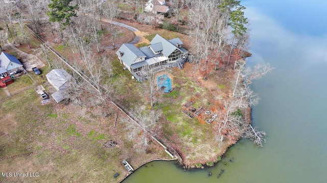 aerial view featuring a water view