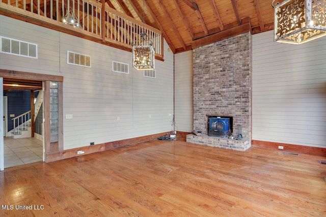 unfurnished living room featuring a wood stove, high vaulted ceiling, wooden ceiling, and beam ceiling