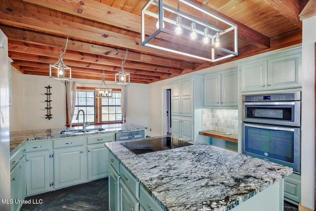 kitchen featuring stainless steel appliances, beamed ceiling, wood ceiling, and decorative light fixtures