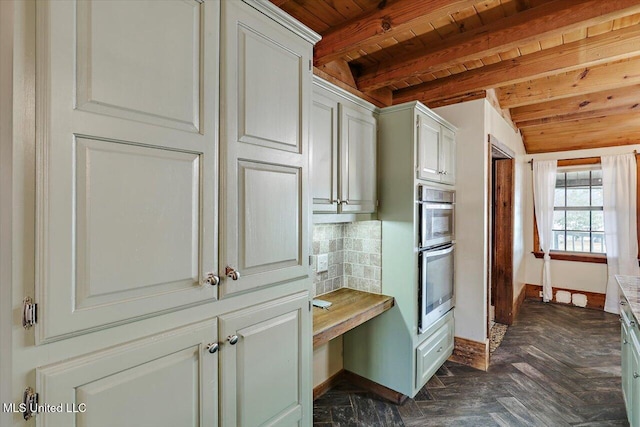 kitchen featuring beamed ceiling, backsplash, double oven, white cabinets, and wood ceiling