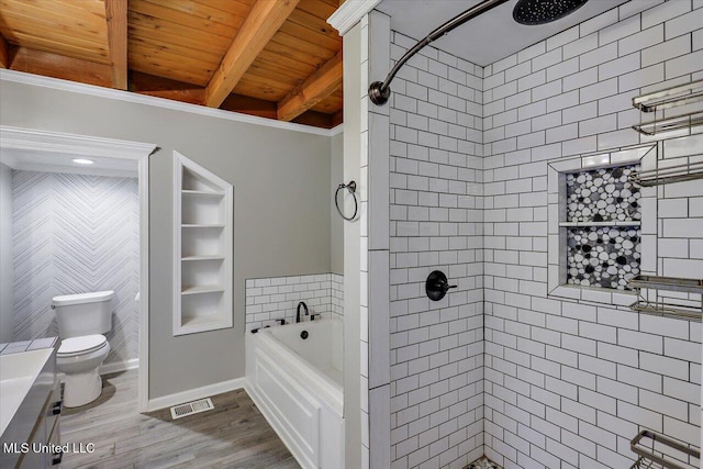 full bathroom with beam ceiling, plus walk in shower, wood-type flooring, toilet, and wood ceiling