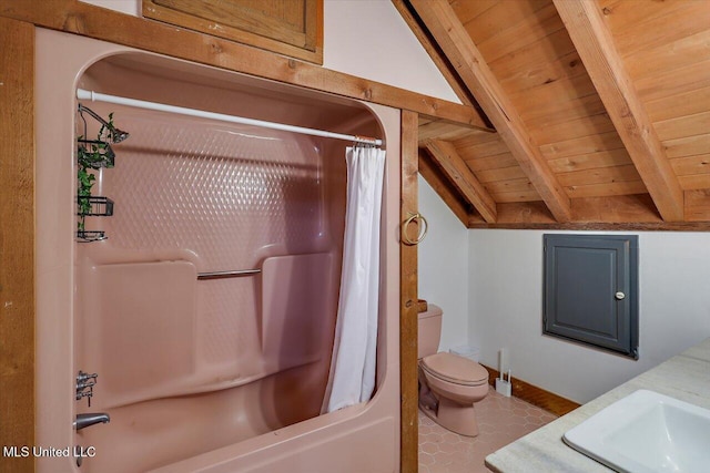 full bathroom with wood ceiling, vanity, shower / bath combo with shower curtain, vaulted ceiling with beams, and toilet