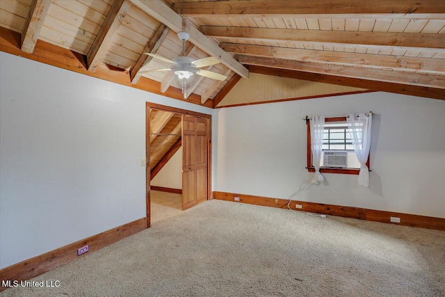 bonus room with light carpet, wood ceiling, ceiling fan, cooling unit, and vaulted ceiling with beams