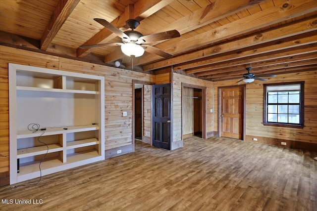 unfurnished bedroom featuring wood ceiling, ceiling fan, wood-type flooring, beam ceiling, and wood walls