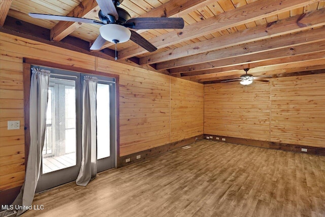 spare room featuring beamed ceiling, wooden ceiling, ceiling fan, and wooden walls