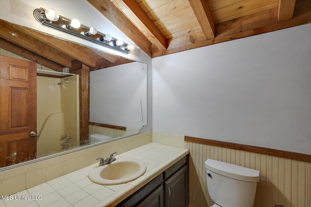 bathroom featuring vaulted ceiling with beams, a shower, toilet, vanity, and wood ceiling