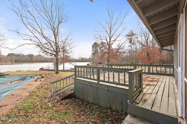 deck featuring a water view