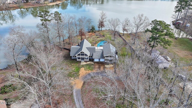 drone / aerial view featuring a water view