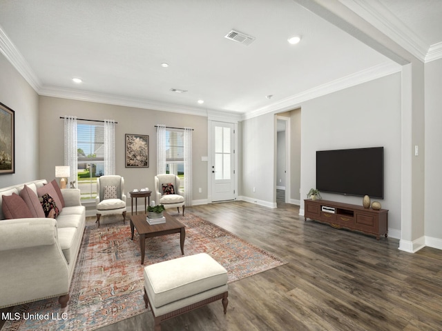 130 Everly Cir, Ocean Springs, MS 39564 - living area featuring crown molding, dark wood-style flooring, visible vents, and plenty of natural light