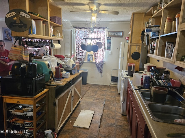 8800 Graham Rd, Moss Point, MS 39562 - kitchen featuring a sink, open shelves, ceiling fan, white electric stove, and a textured ceiling