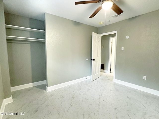 unfurnished bedroom with a closet and ceiling fan