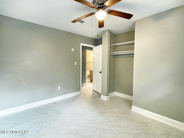 unfurnished bedroom featuring a closet and ceiling fan