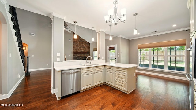 kitchen featuring stainless steel dishwasher, a sink, light countertops, dark wood-style floors, and baseboards