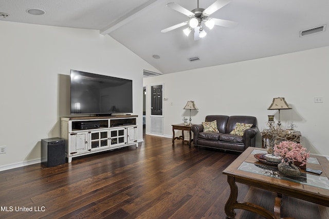 living room with visible vents, ceiling fan, wood finished floors, and vaulted ceiling with beams