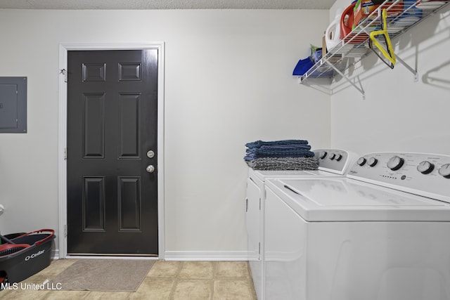 laundry room with laundry area, washer and clothes dryer, baseboards, and electric panel