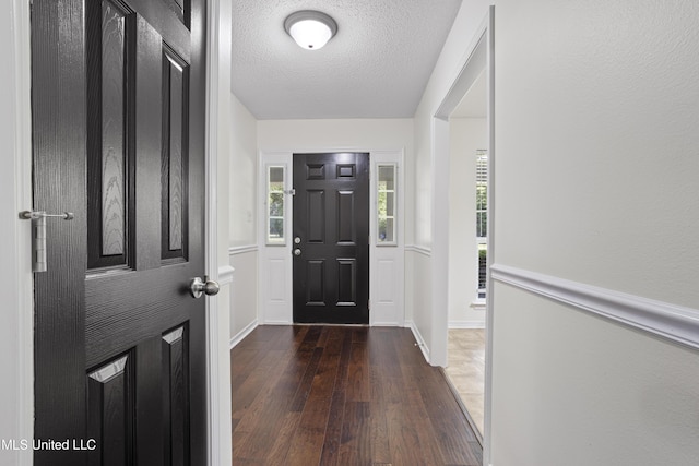foyer with baseboards, plenty of natural light, dark wood-style floors, and a textured ceiling