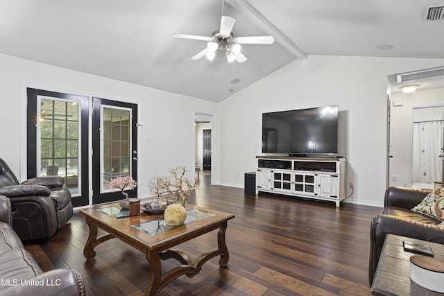 living area with visible vents, a ceiling fan, baseboards, hardwood / wood-style flooring, and lofted ceiling with beams