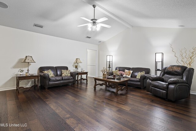 living area featuring wood-type flooring, a ceiling fan, visible vents, and vaulted ceiling with beams
