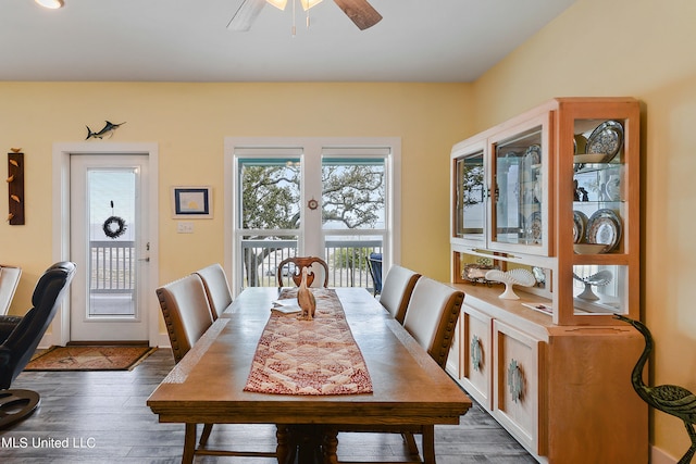 dining room with ceiling fan and dark hardwood / wood-style floors