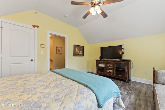 bedroom with lofted ceiling, ceiling fan, and dark hardwood / wood-style flooring