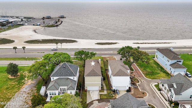 aerial view featuring a water view